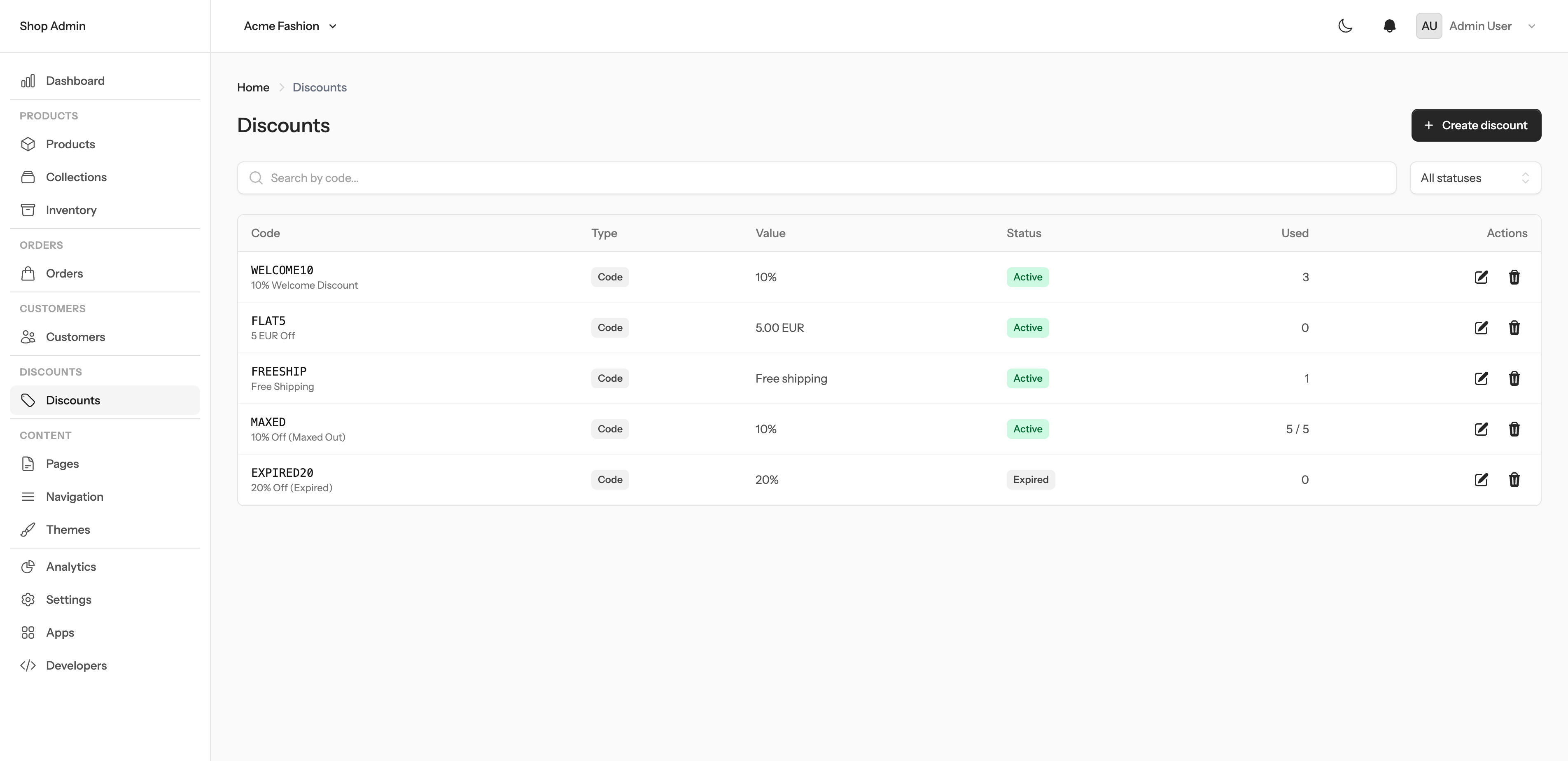 Admin discount codes management